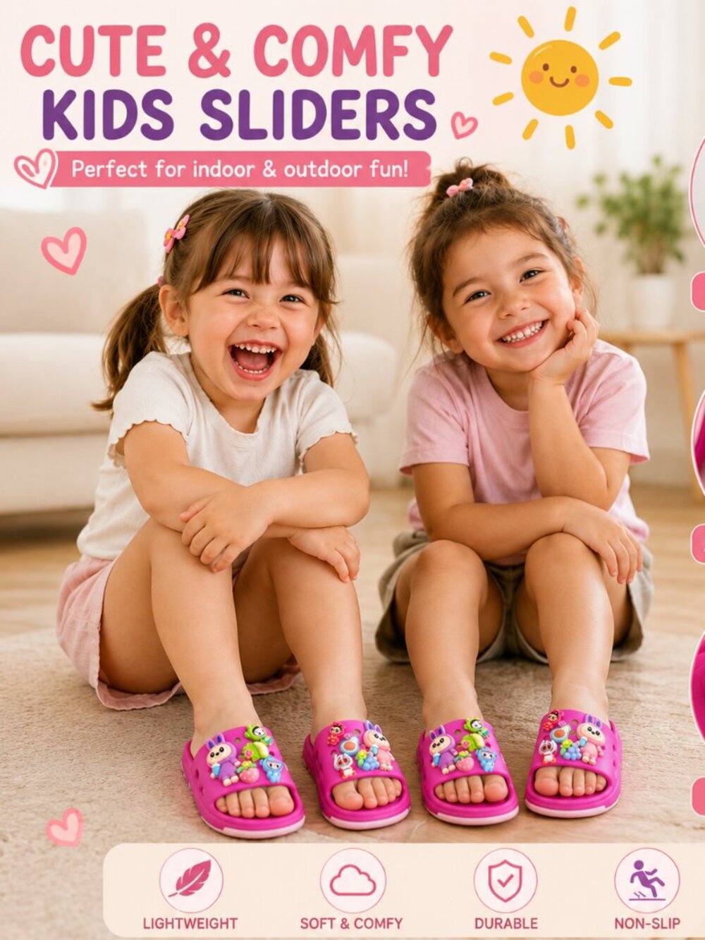 Cute Kids Cartoon Summer Slides Sandals | Kawaii Beach Slippers - Fuschia